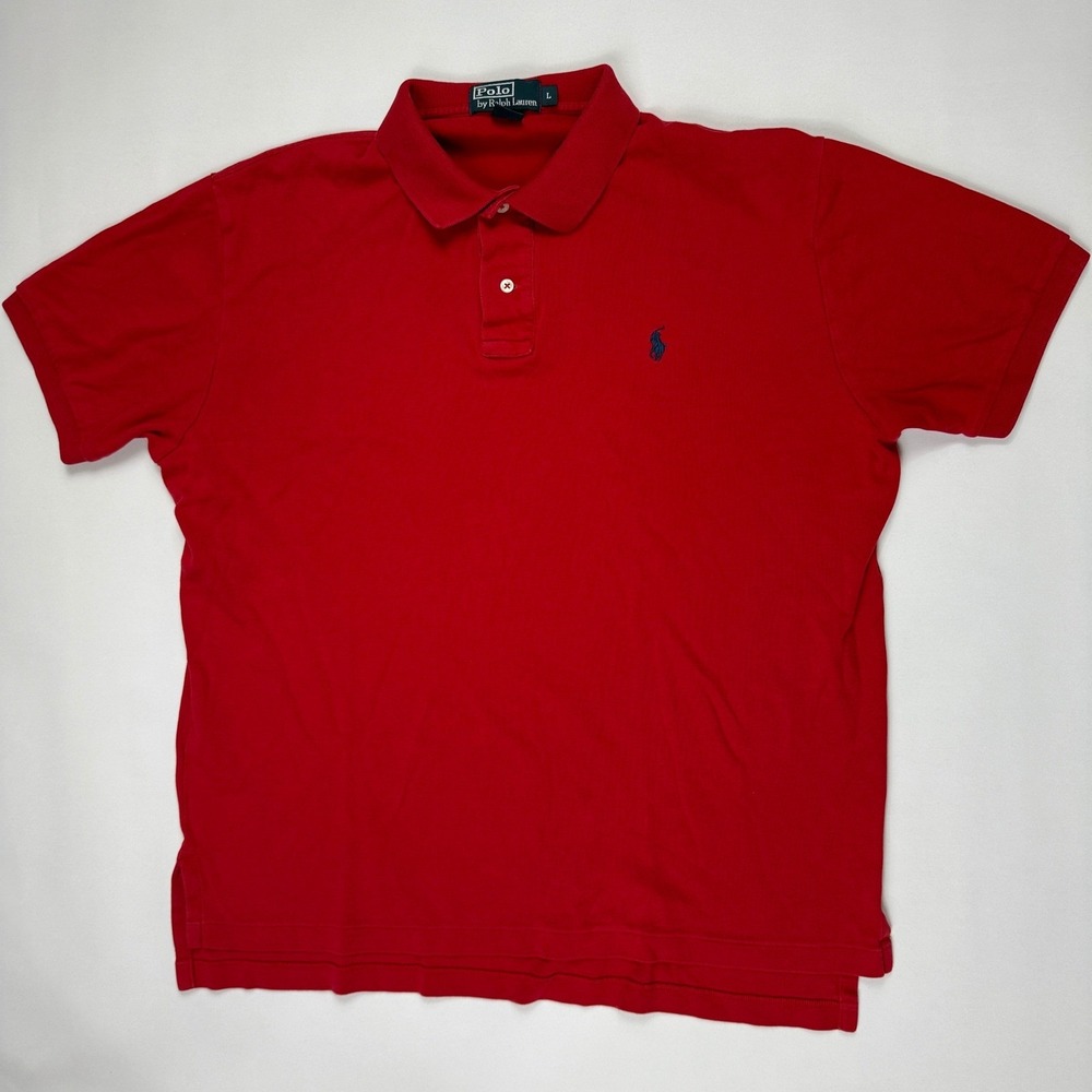 Vintage Polo Ralph Lauren Mens L Red Short Sleeve Polo Shirt Navy Blue Pony